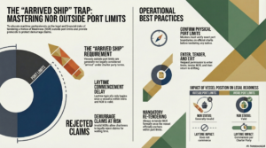 Infographic explaining the "Arrived Ship" trap and legal requirements for tendering Notice of Readiness (NOR) inside and outside port limits to protect demurrage claims.