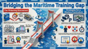 A Lego-themed infographic titled "Bridging the Maritime Training Gap" showing a bridge connecting a static syllabus to modern ship technologies like VR, AI, and mental health awareness.