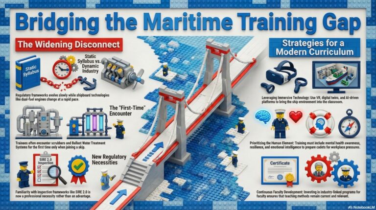 A Lego-themed infographic titled "Bridging the Maritime Training Gap" showing a bridge connecting a static syllabus to modern ship technologies like VR, AI, and mental health awareness.