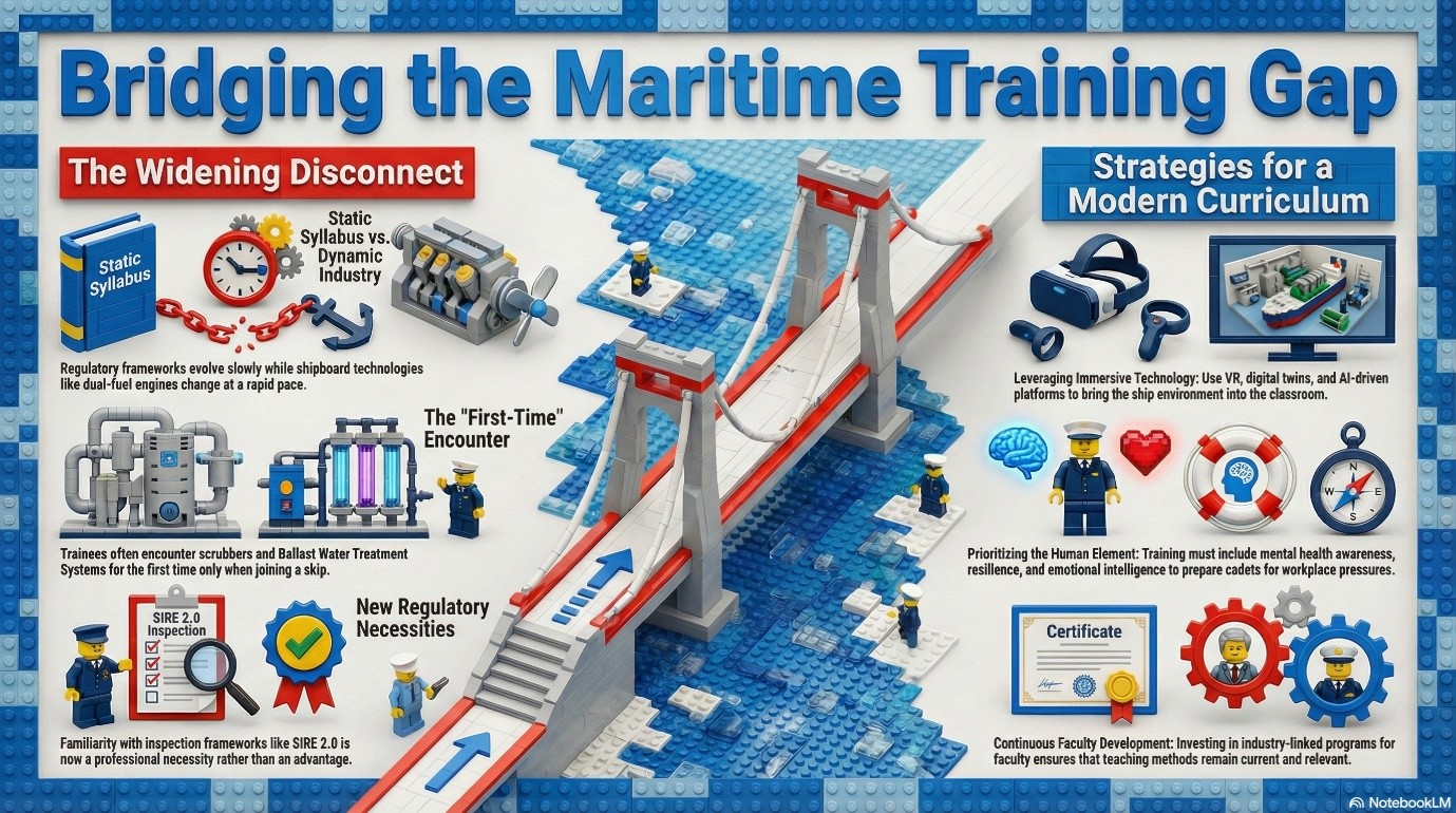 A Lego-themed infographic titled "Bridging the Maritime Training Gap" showing a bridge connecting a static syllabus to modern ship technologies like VR, AI, and mental health awareness.