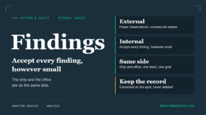 Key points on internal audits: external observations carry commercial stakes, accept every finding however small, ship and office are on the same side, corrected findings stay on the record