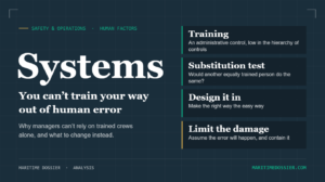 Key points on human error: training is a weak barrier, the substitution test, design the right way to be the easy way, limit the damage
