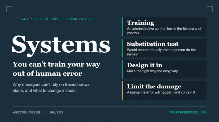 Key points on human error: training is a weak barrier, the substitution test, design the right way to be the easy way, limit the damage