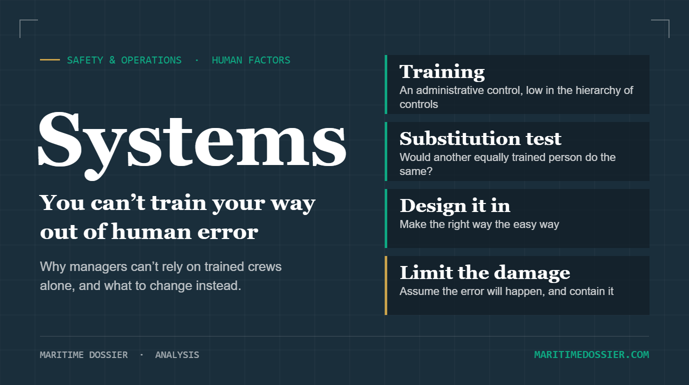 Key points on human error: training is a weak barrier, the substitution test, design the right way to be the easy way, limit the damage