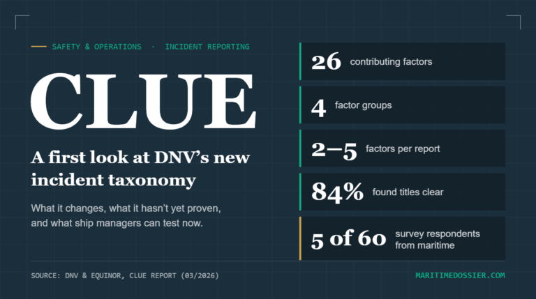 CLUE incident taxonomy key figures: 26 contributing factors, 4 groups, 2–5 factors per report, 84% found titles clear, 5 of 60 survey respondents from maritime