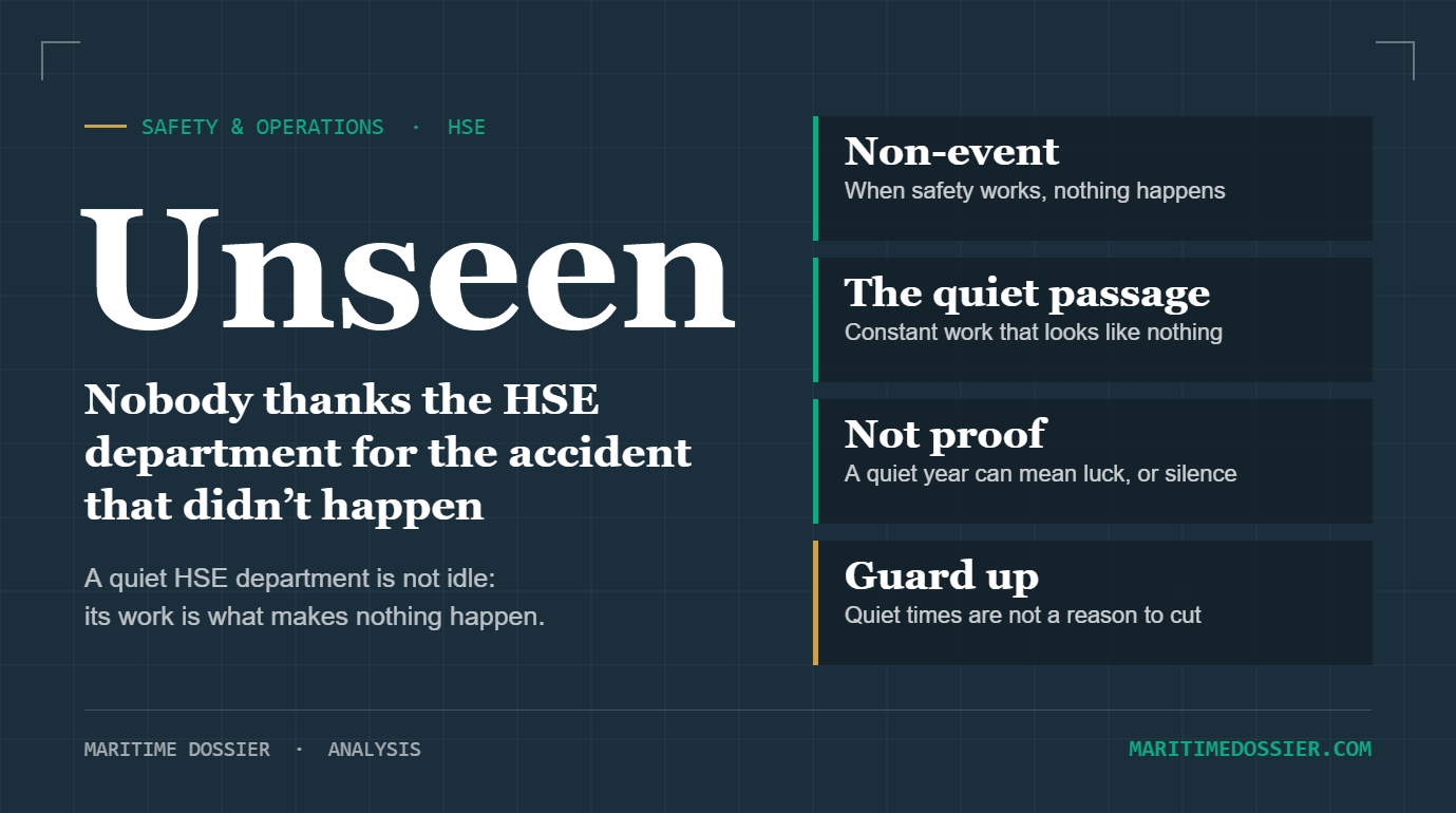 Key points for the HSE department: safety is a non-event, the uneventful passage, a quiet year is not proof, keep the guard up