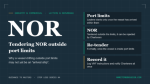 Tendering NOR outside port limits: key points on port limits, NOR, re-tender and recording VHF instructions