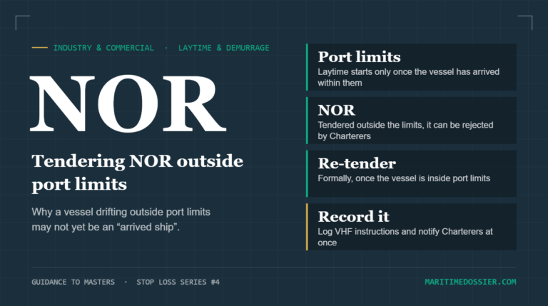 Tendering NOR outside port limits: key points on port limits, NOR, re-tender and recording VHF instructions